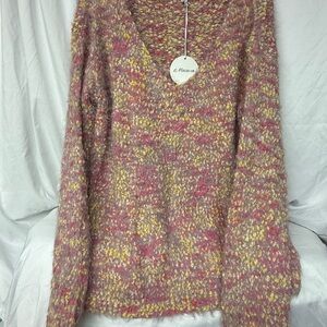 Women’s V Neck Macaron Speckle Nylon Sweater Size Large Pink Yellow Purple Cream